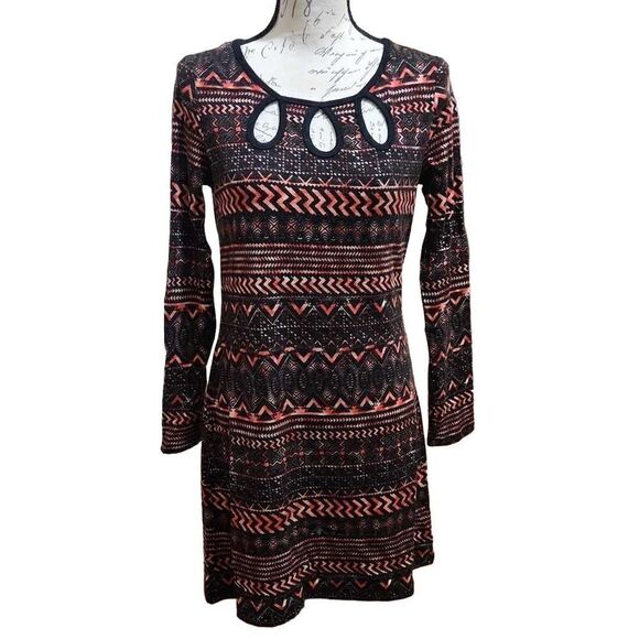 Aryeh Red & Black Patterned Sweater Dress with Cutout Neckline- Size Medium - Picture 1 of 7